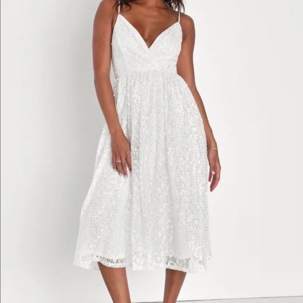 Bridal - White Lace Sequin A-Line Midi Dress